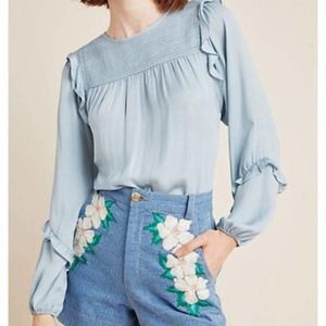 Anthro Dolan Majai Ruffle Light Blue Blouse